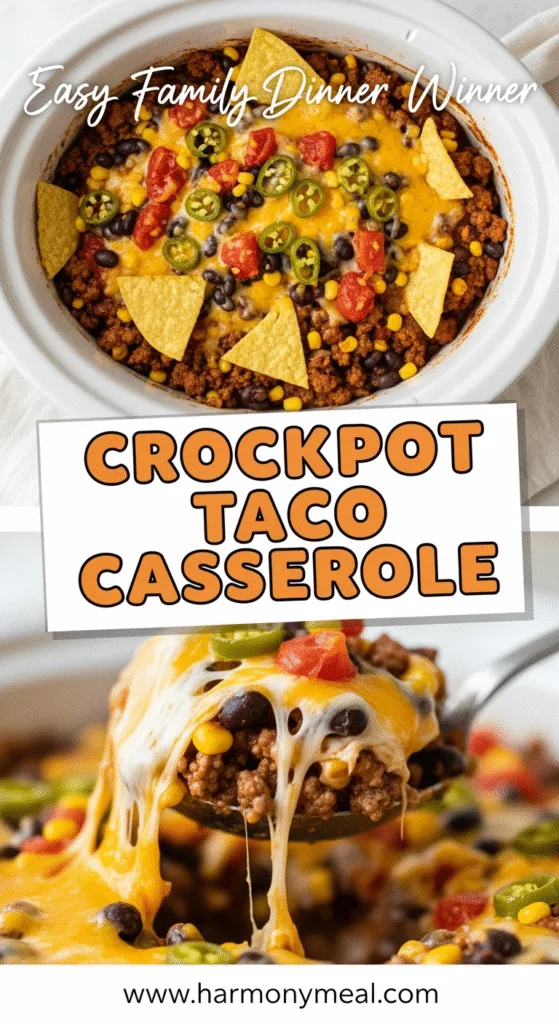 Crockpot taco casserole with beef, beans, corn, cheese, and tortillas