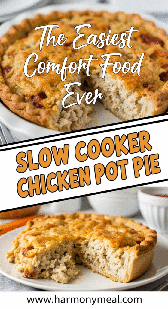 Slow cooker chicken pot pie recipe with appetizing textures and plating.