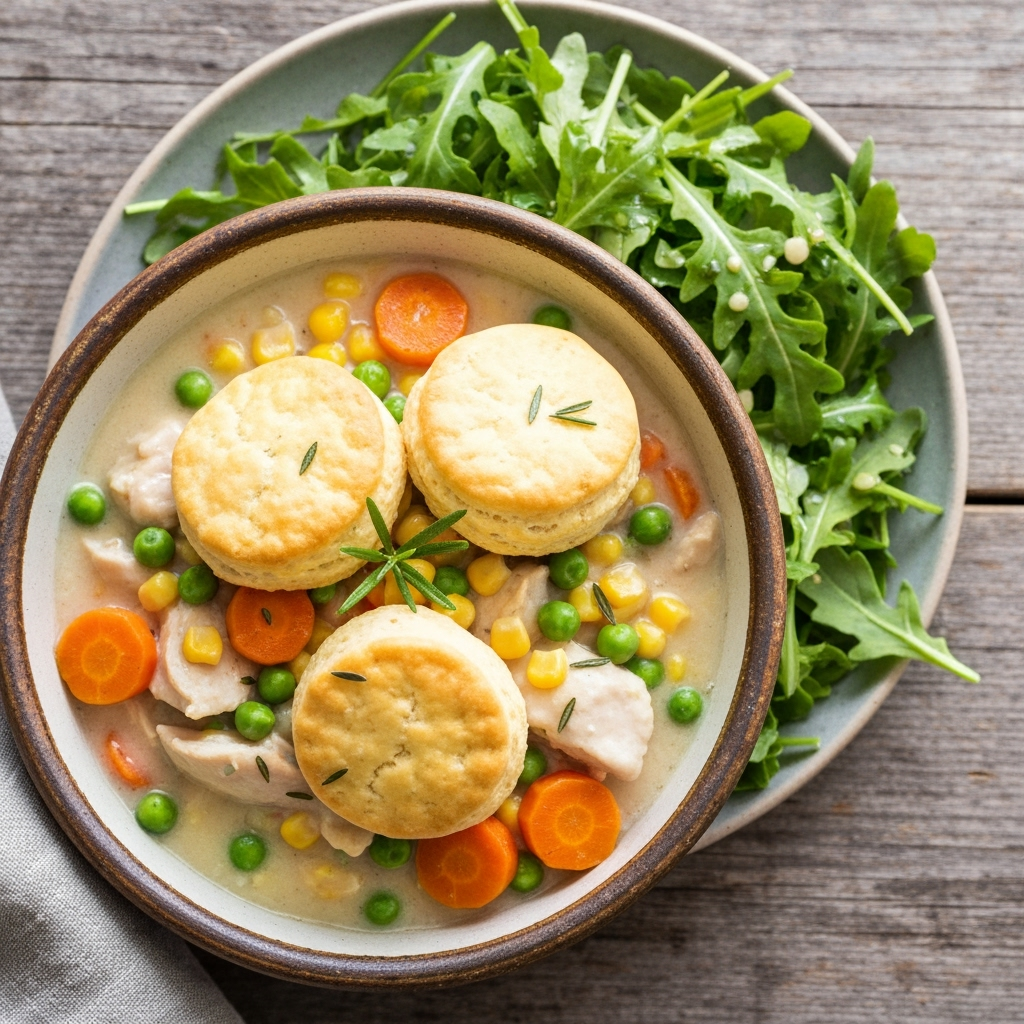 Slow cooker chicken pot pie with flaky biscuits and arugula salad.