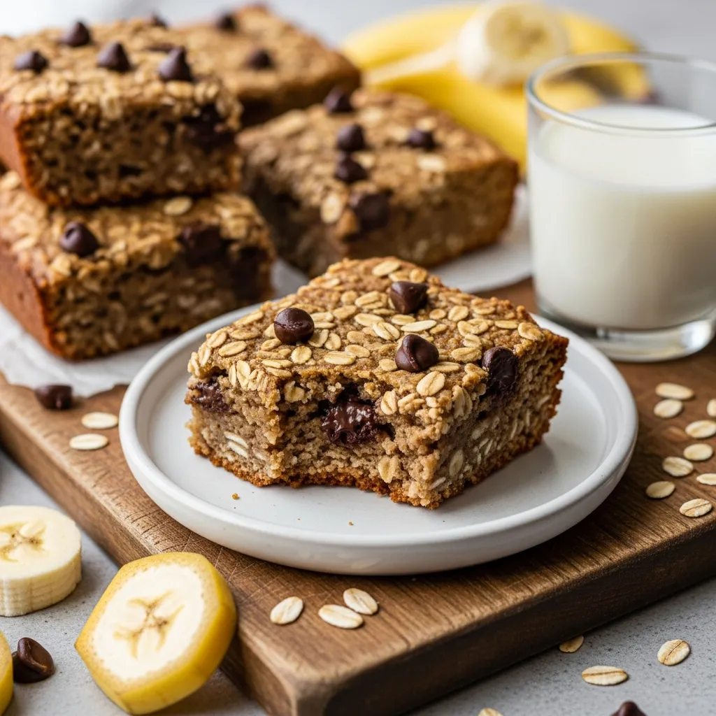 Homemade banana oatmeal bars with chocolate chips on a rustic board.