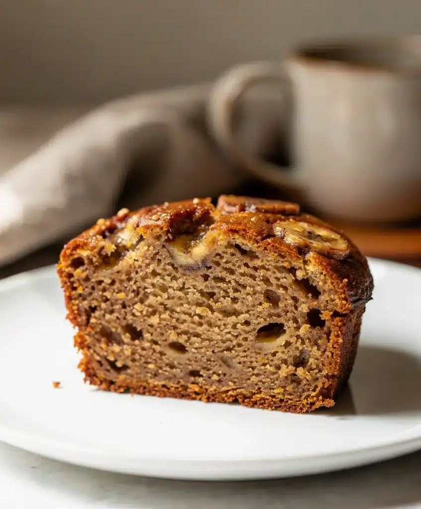 Moist brown butter banana bread slice with melting butter and banana pieces.