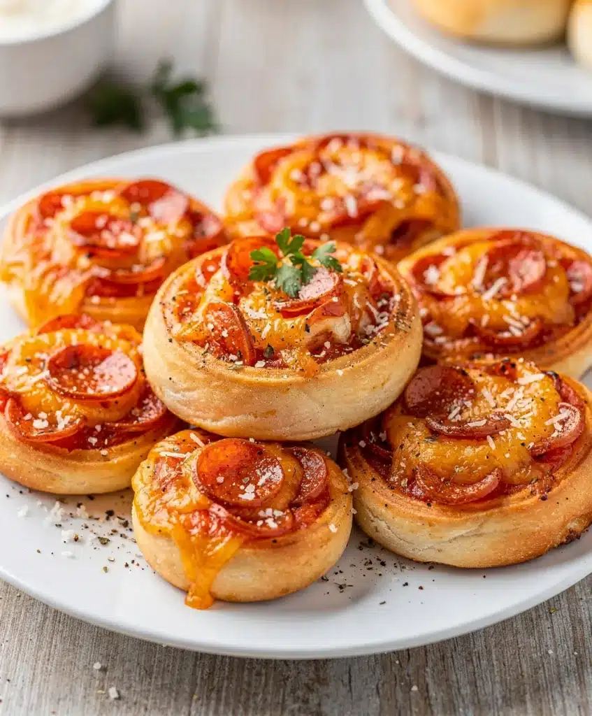 Golden brown cheesy pepperoni pizza pinwheels with marinara sauce on rustic board.
