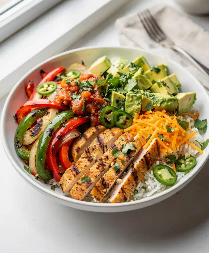 Colorful sheetless chicken fajita bowl with rice peppers avocado and cilantro