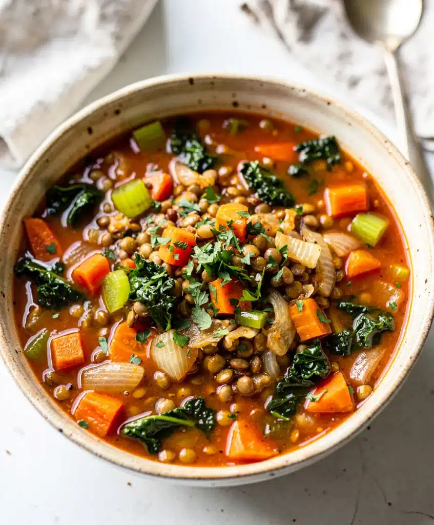Hearty lentil vegetable soup recipe in a rustic bowl with fresh parsley garnish.