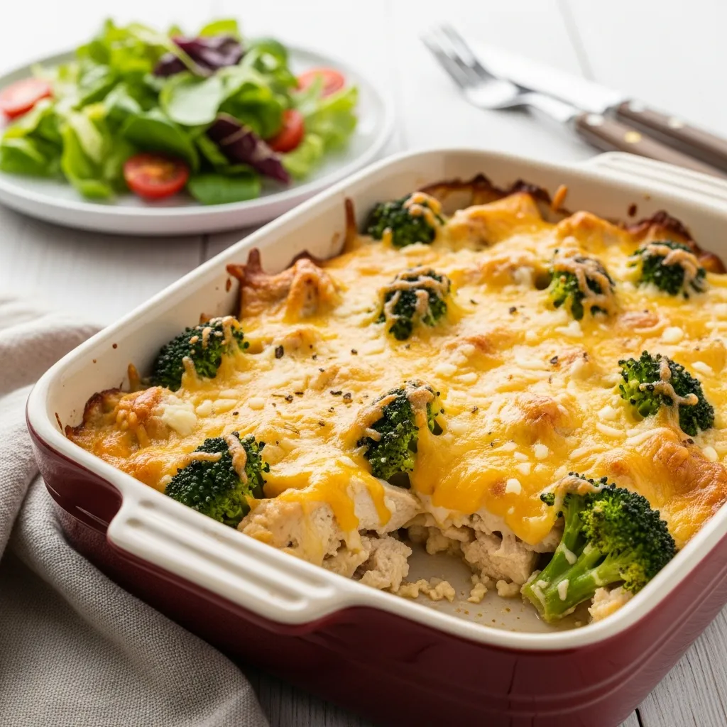 Easy low carb chicken casserole with cheese broccoli and tender chicken