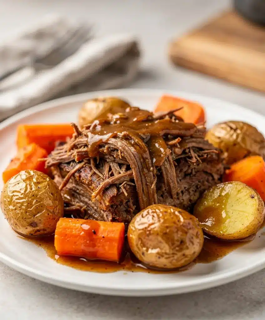 Tender slow cooker pot roast with carrots and potatoes on rustic board.