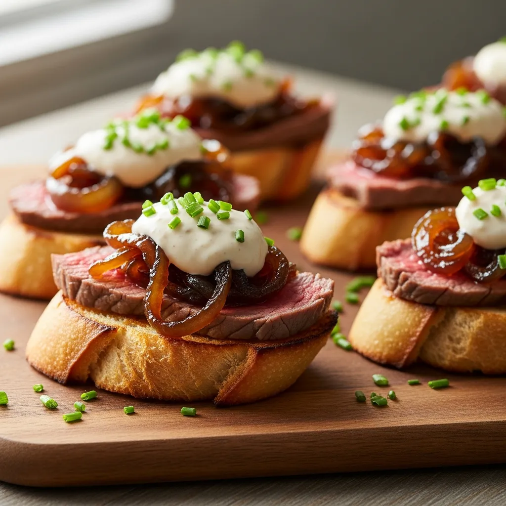 Golden steak crostini with horseradish sauce and caramelized onions on rustic board.