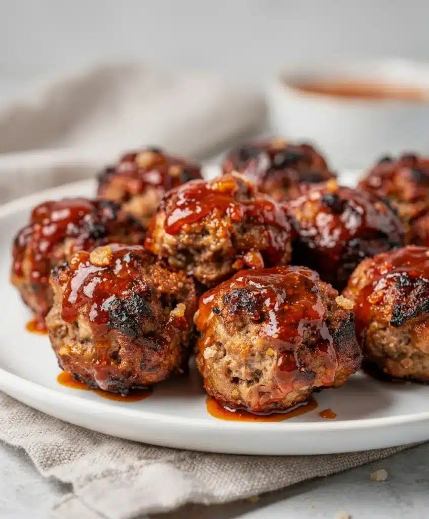 Sweet and spicy meatball bites with sticky sauce and creamy ranch dressing
