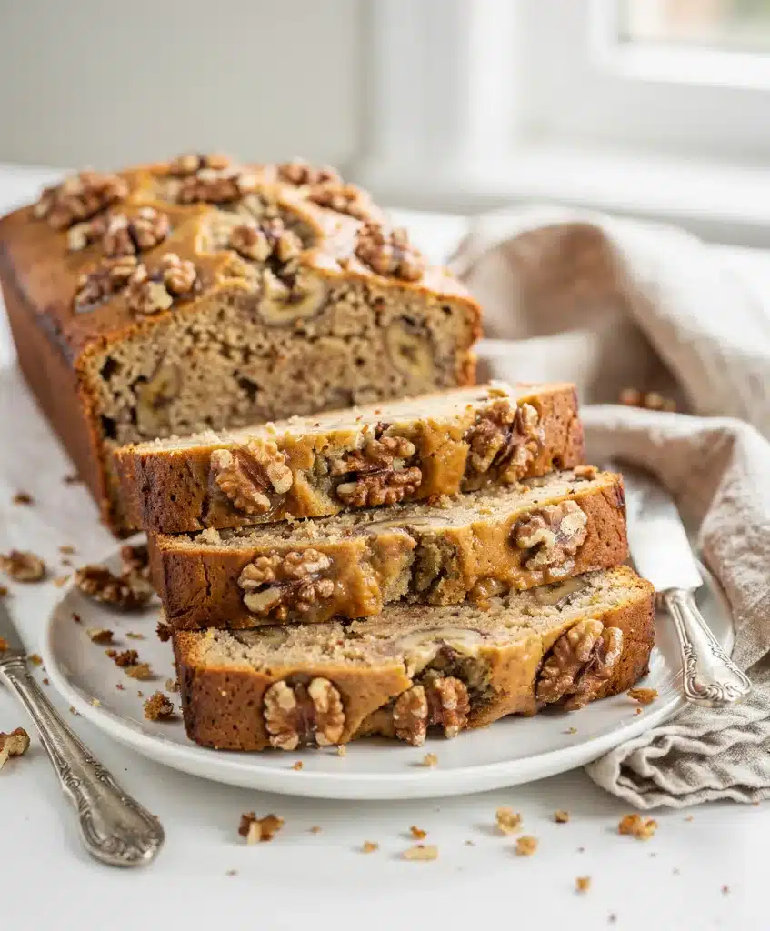 Moist walnut banana bread slice with butter on a rustic wooden cutting board.