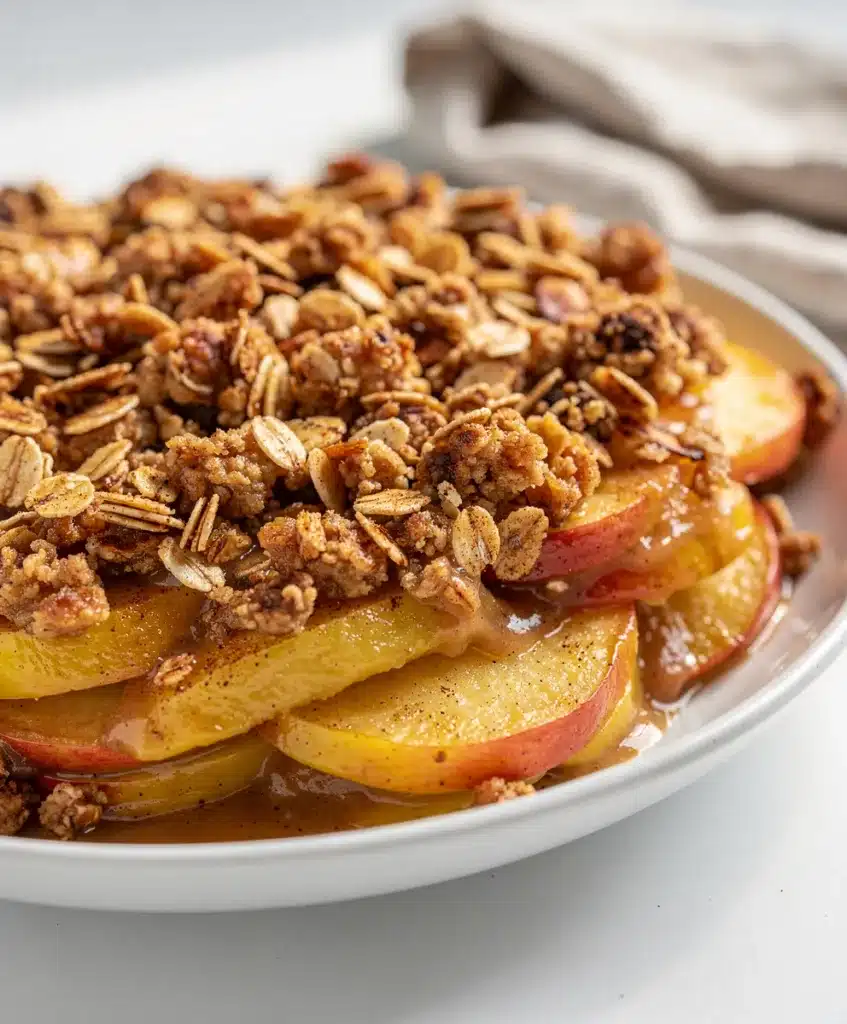 Warm apple cinnamon crisp with vanilla ice cream and caramel sauce in a bowl.