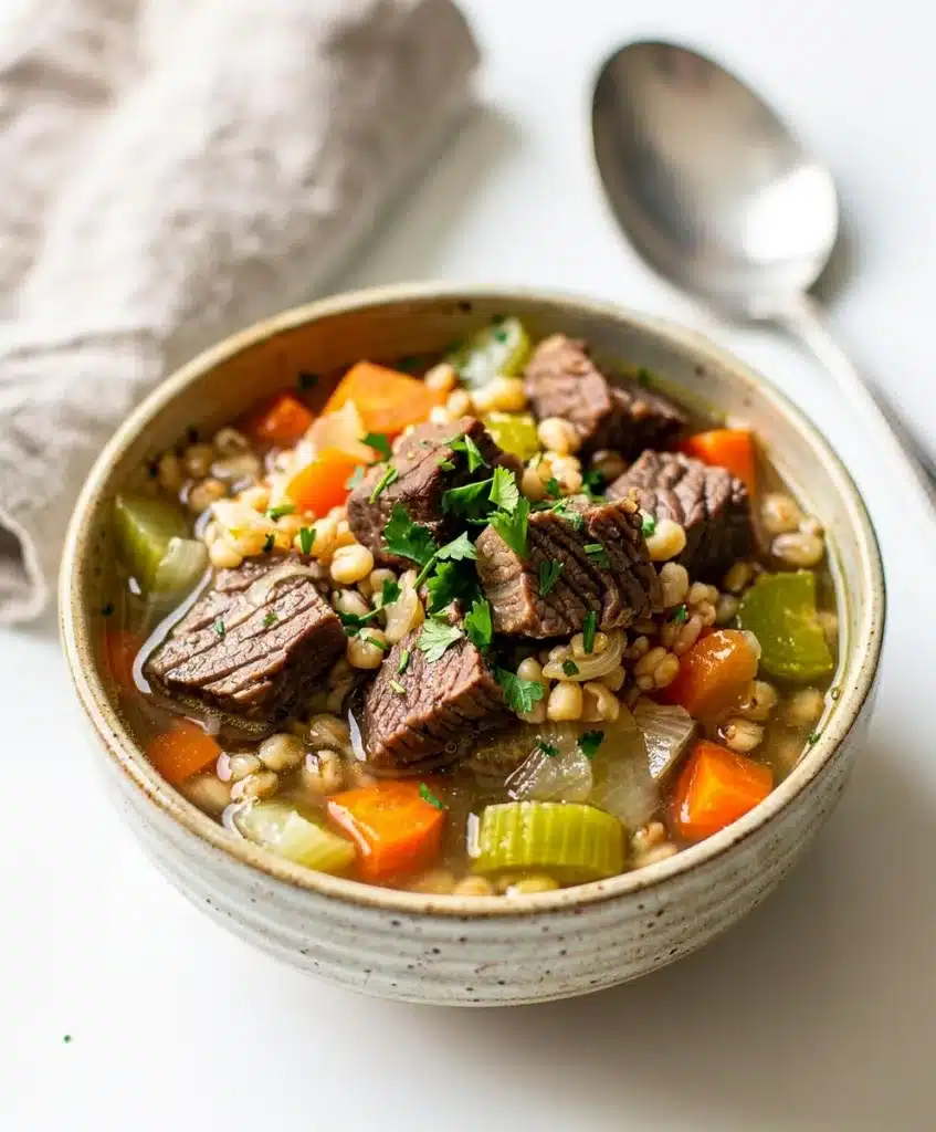 Hearty beef barley soup with tender beef, vegetables, and pearl barley in a rustic bowl.