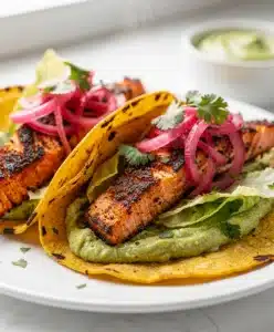 Blackened salmon tacos with avocado crema in a close up food photo