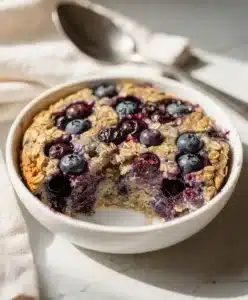 Blueberry baked oatmeal with crispy golden edges and creamy glossy surface.