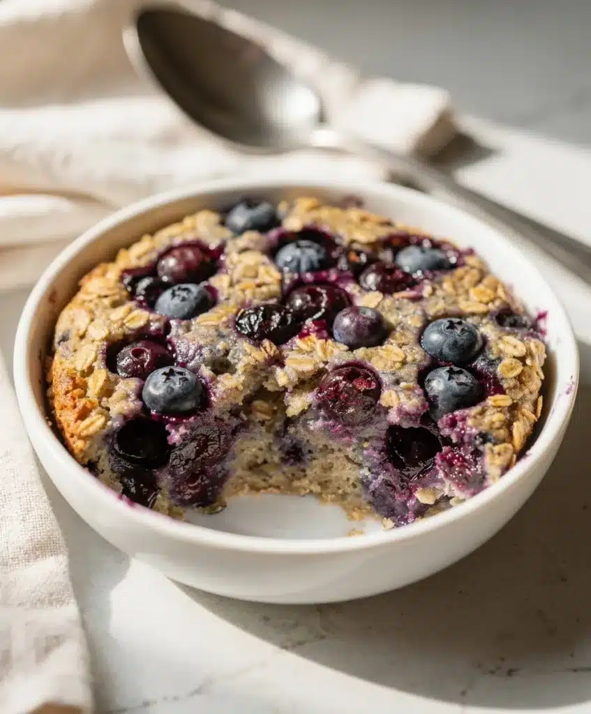 Blueberry baked oatmeal with crispy golden edges and creamy glossy surface.