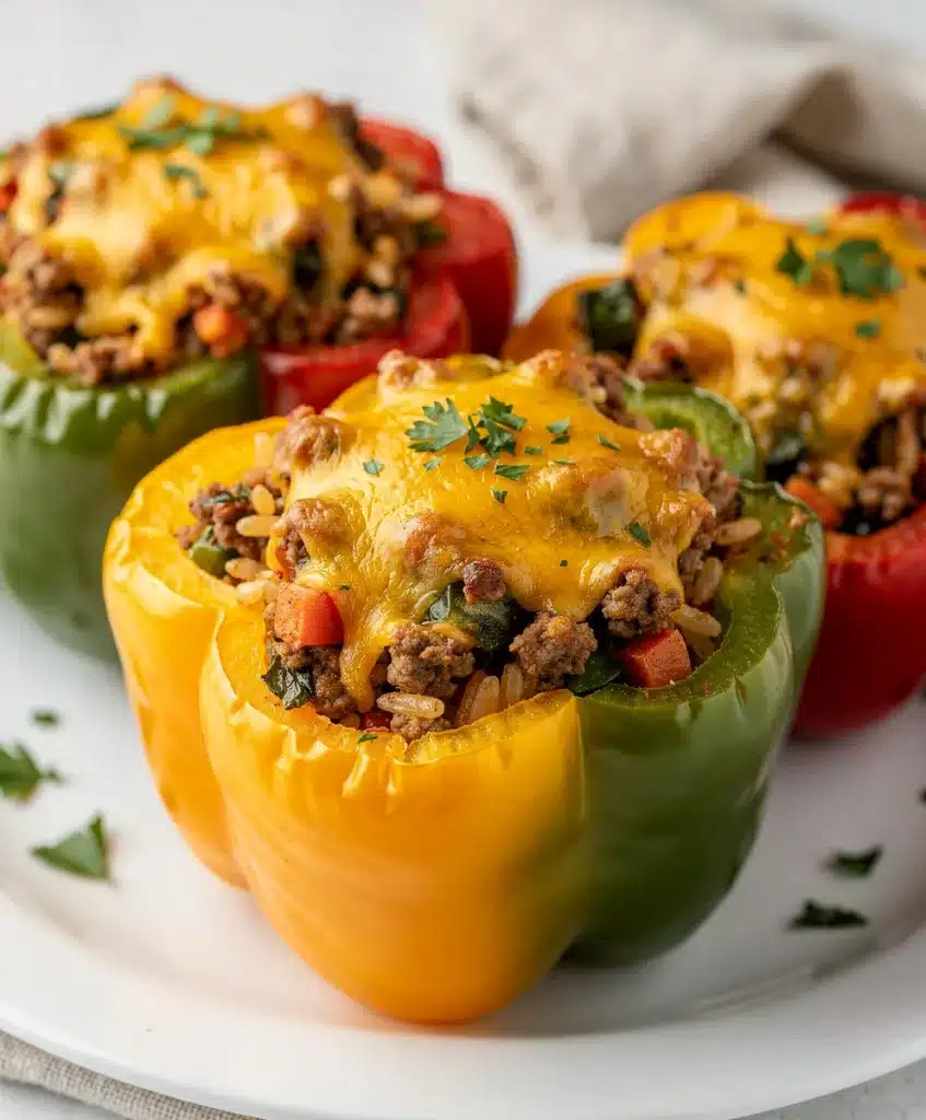Cheesy ground beef stuffed peppers with melted golden brown cheese topping