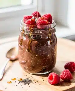 Creamy chocolate chia overnight oats with peanut butter and fresh raspberries.