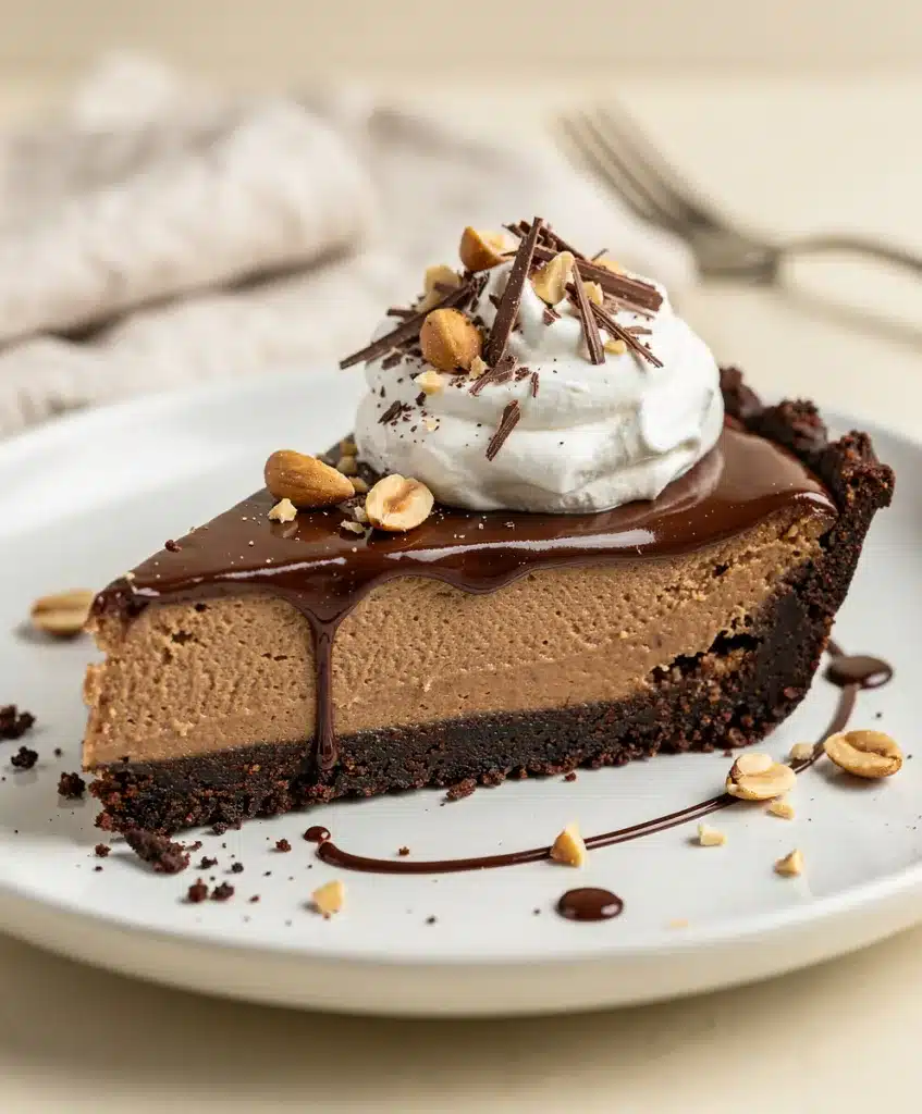 Decadent chocolate peanut butter pie slice with whipped cream and garnish