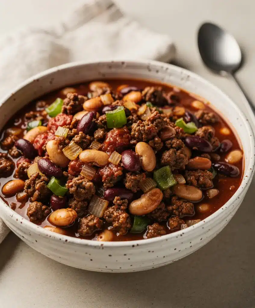 Classic beef bean chili with cheese and sour cream on cornbread side