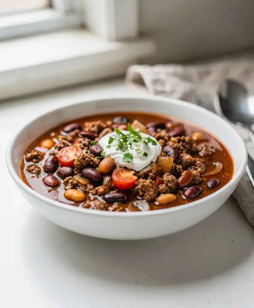 Hearty classic beef and bean chili topped with cheese and fresh cilantro.