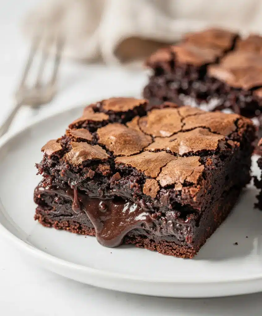 Classic fudgy brownies with crackly top on a white plate close up