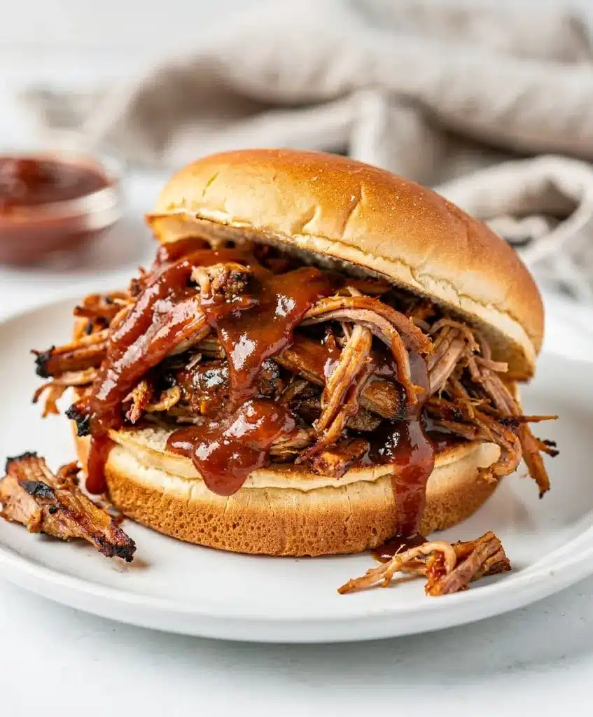 Crockpot BBQ pulled pork recipe with glossy saucy shredded meat close up