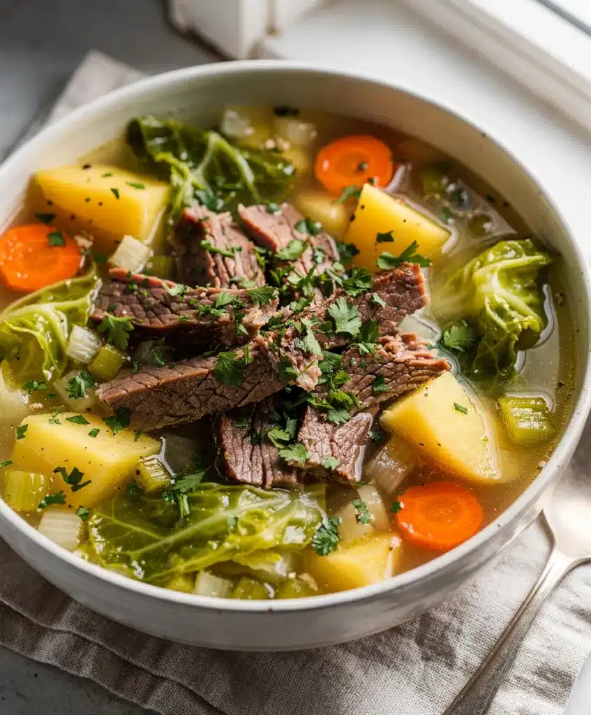 Hearty corned beef cabbage soup recipe with tender beef and soft vegetables.