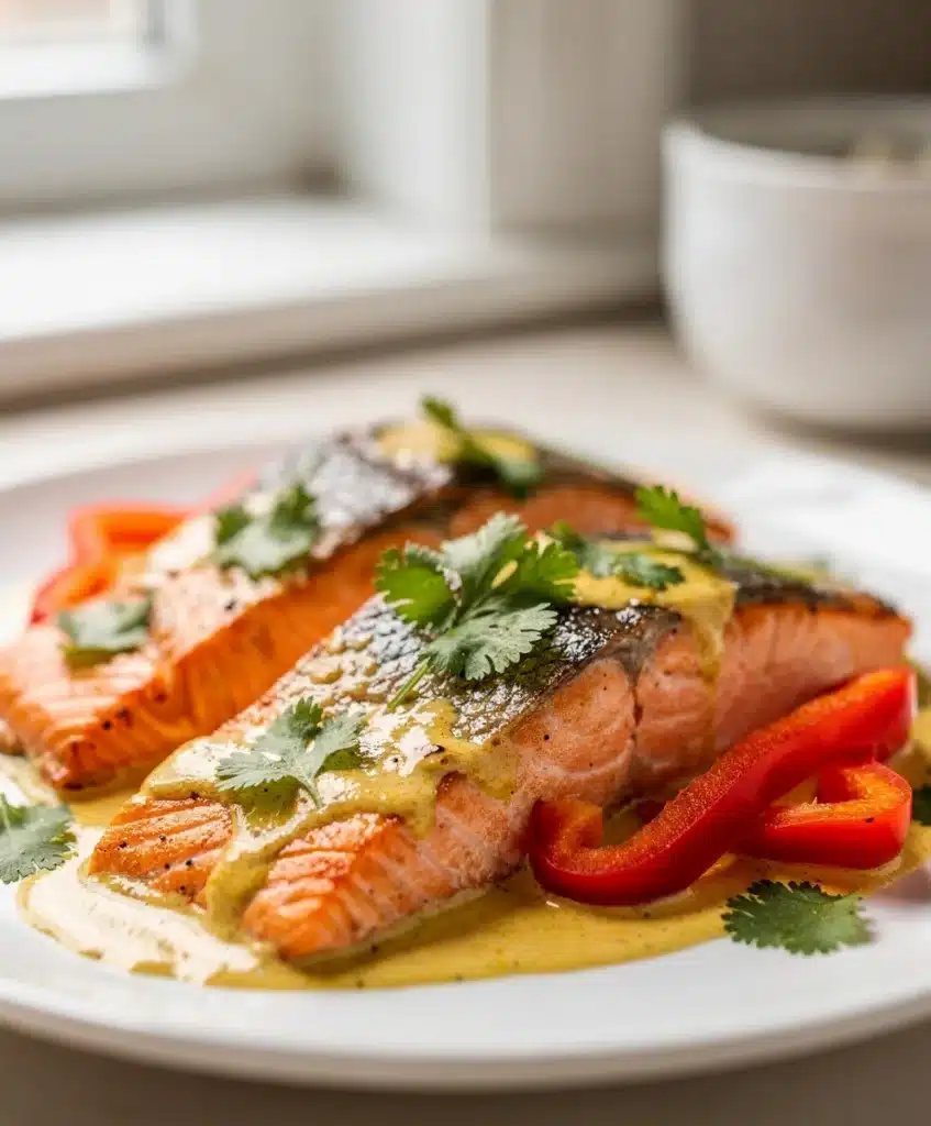 Creamy coconut curry salmon with red peppers and cilantro in a skillet