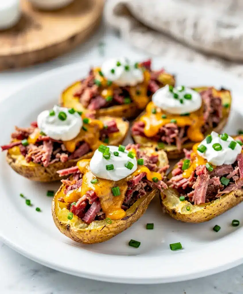 Crispy potato skins loaded with tender corned beef and melted cheese.