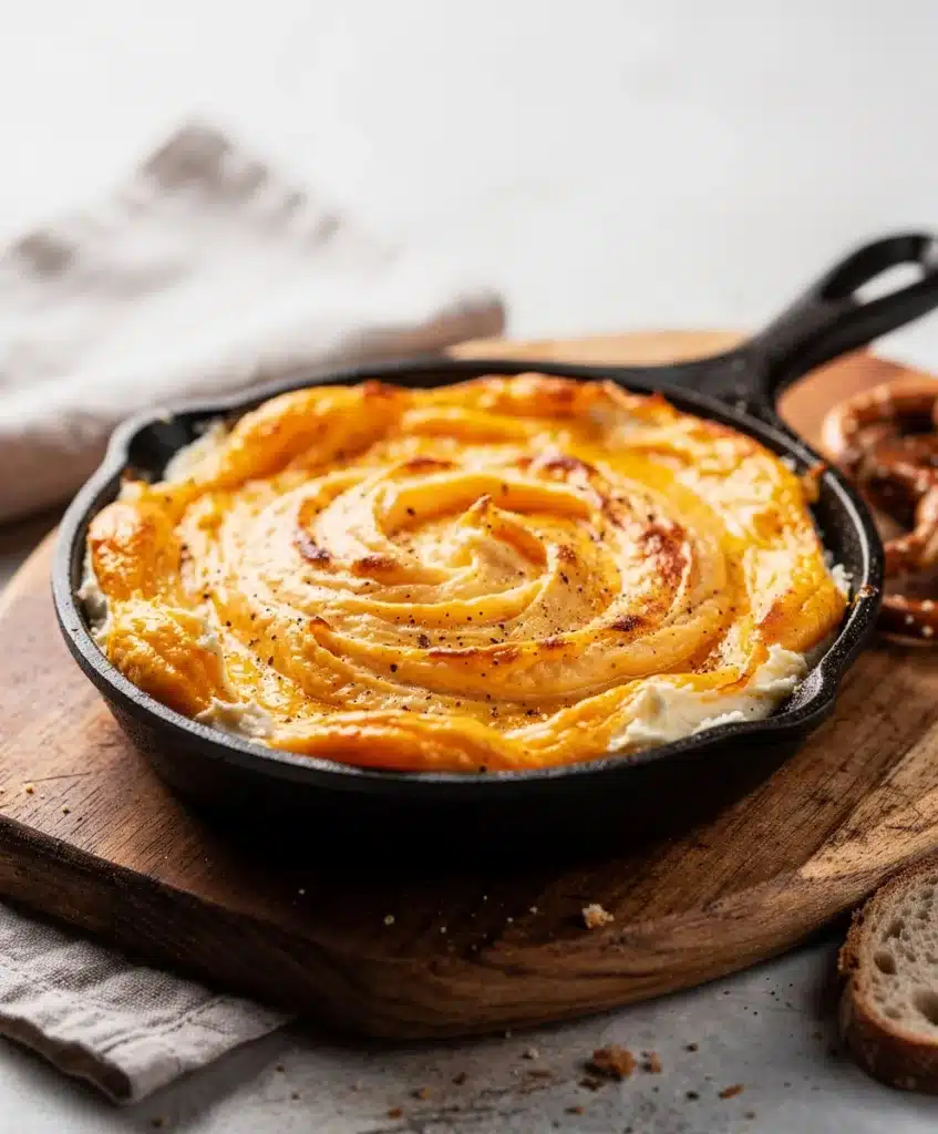 Creamy baked Irish Pub Cheese Dip in a ramekin with soft pretzel bites.