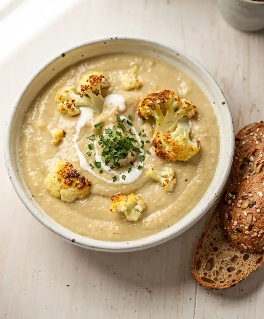 Creamy roasted garlic cauliflower soup in a rustic bowl with fresh parsley garnish