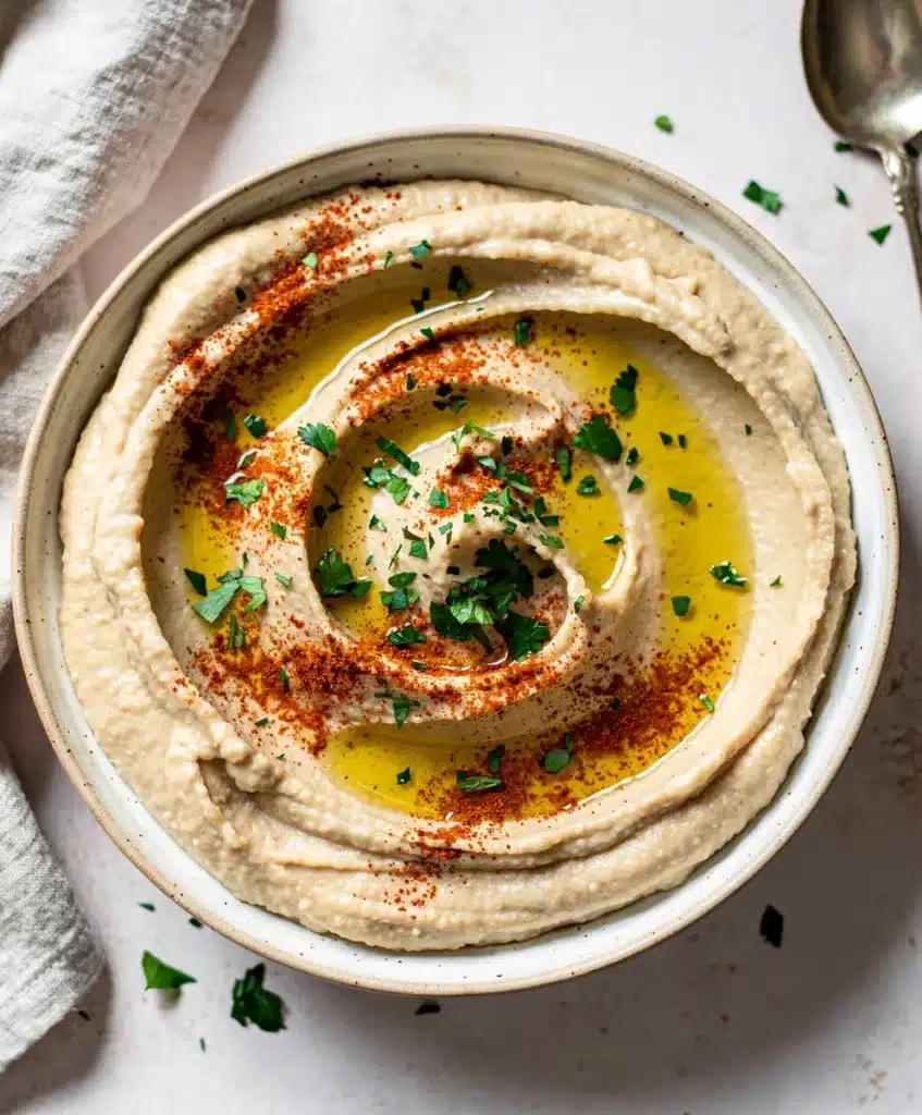 Creamy white bean hummus recipe with olive oil and herbs on rustic table