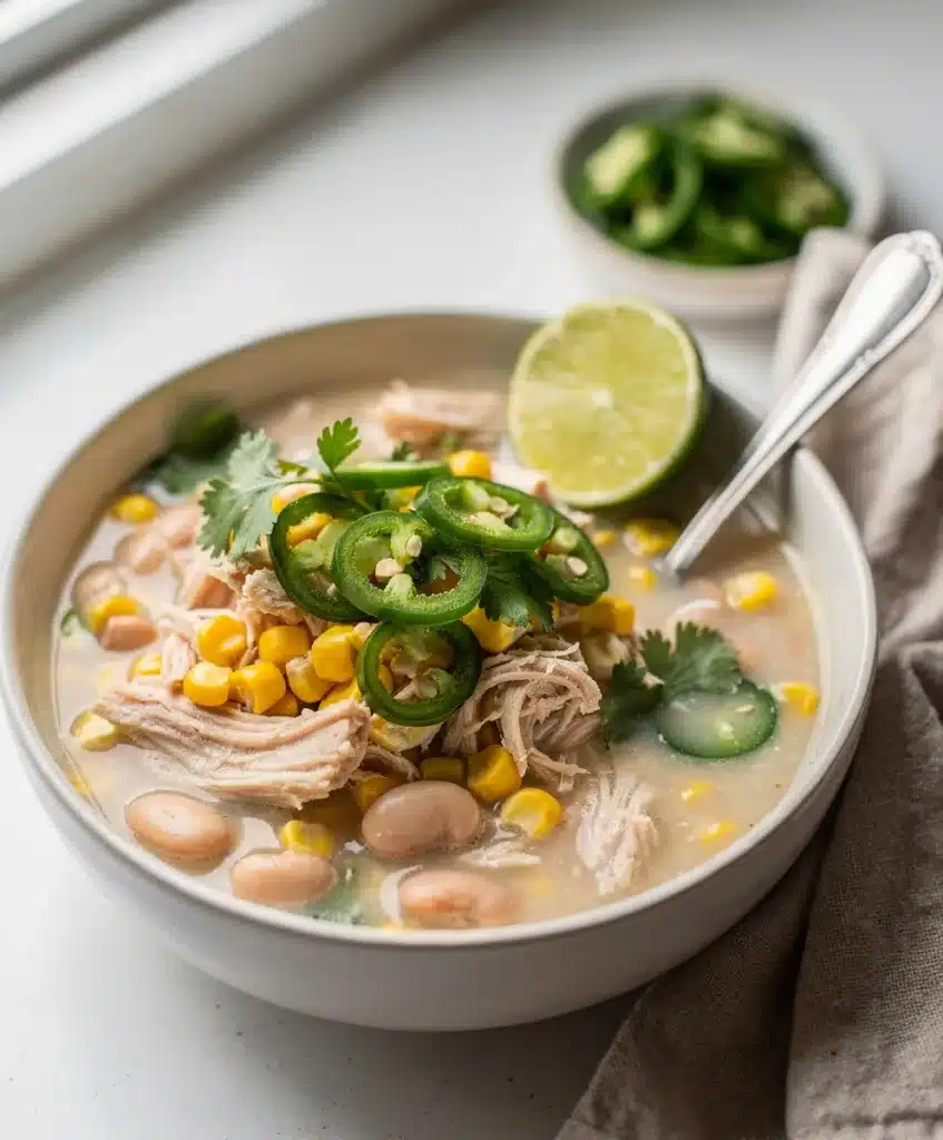 Creamy crockpot white chicken chili recipe with corn, avocado, and cornbread.