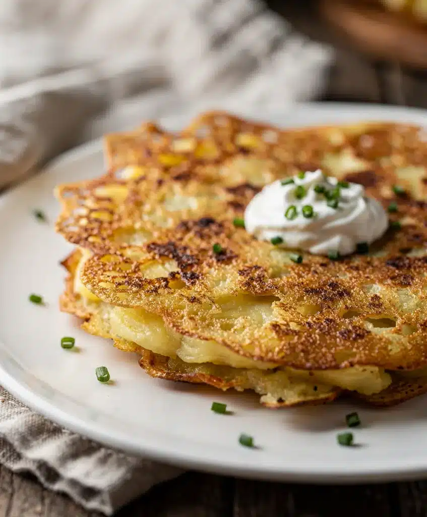 Crispy potato boxty recipe with golden edges, fluffy interior, and sour cream.