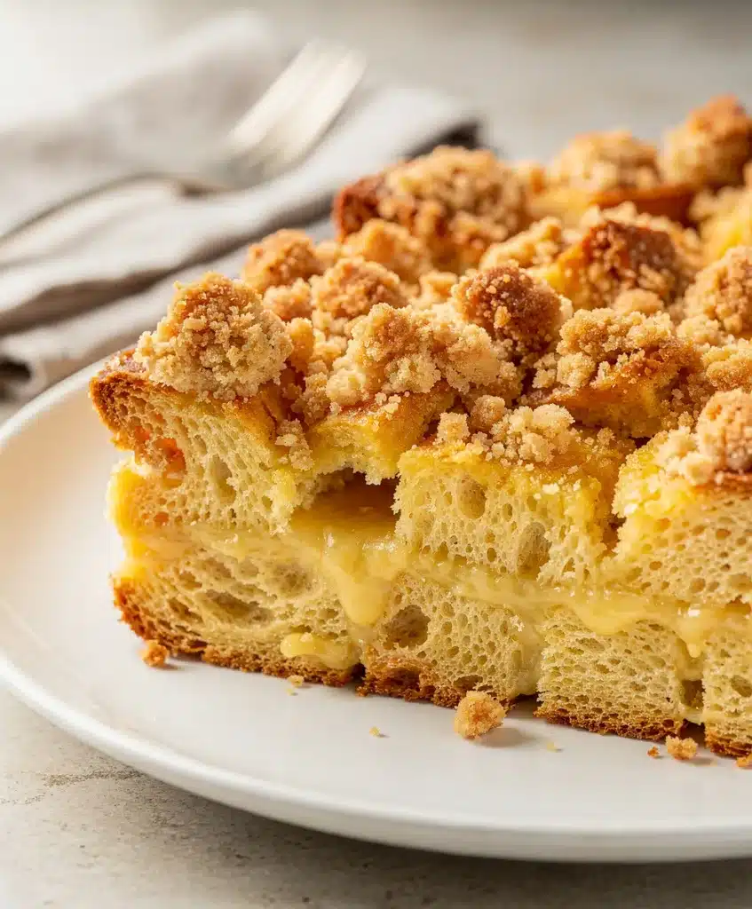 Golden brown French Toast Breakfast Casserole with crispy pecan streusel and maple syrup.