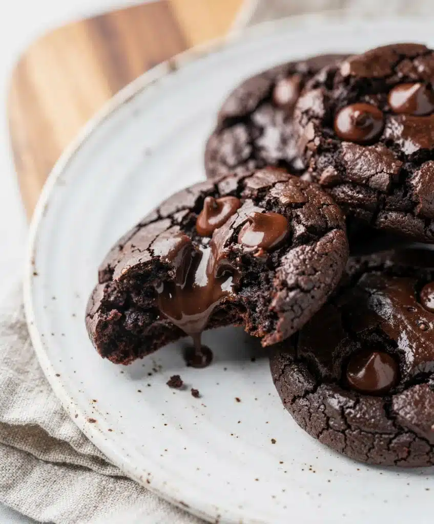 Fudgy brownie cookies with cracked tops and melty chocolate chips on wood.