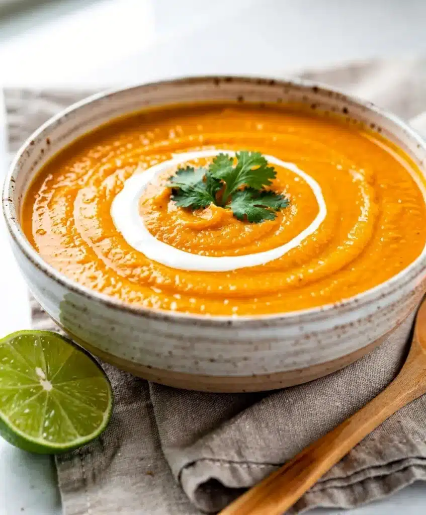 Creamy ginger carrot soup garnished with cilantro and lime in a bowl.