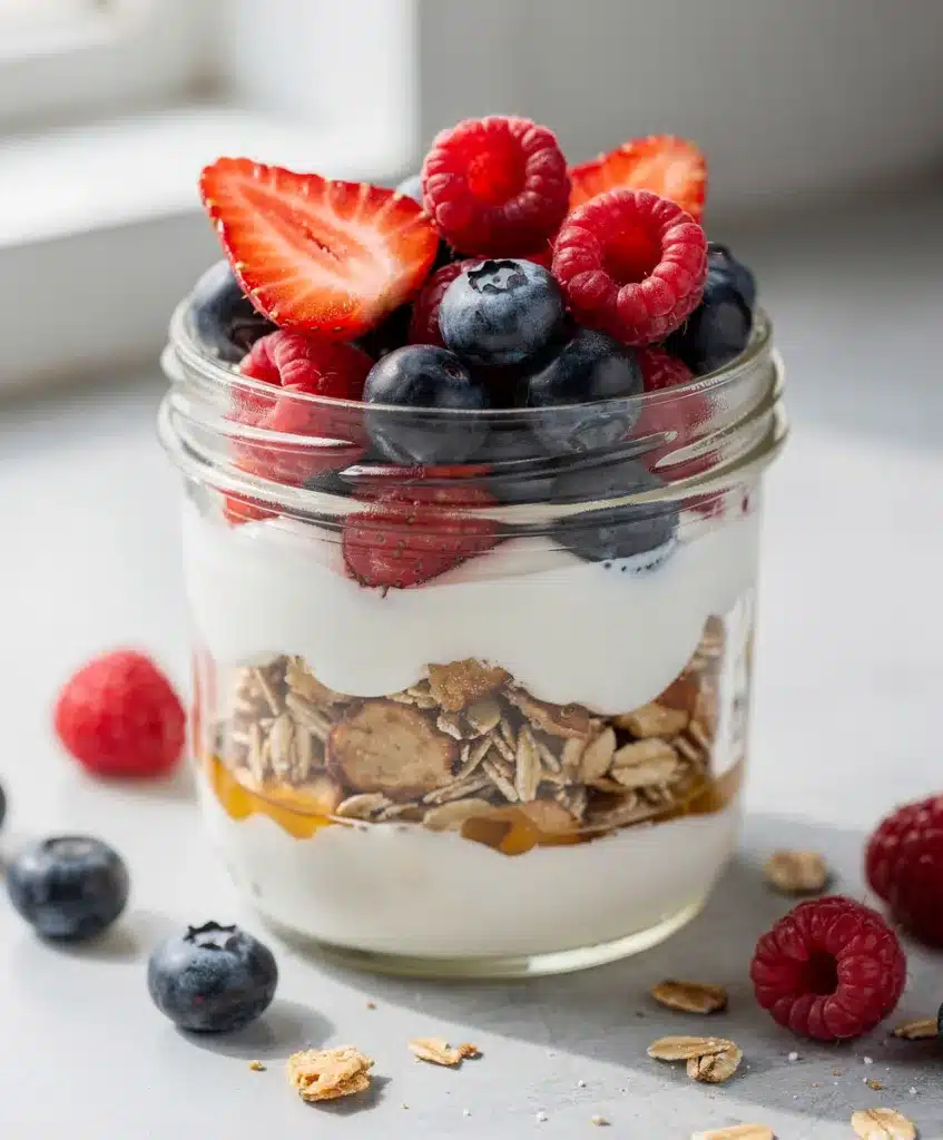 Greek yogurt parfait with honey, fresh berries, and crunchy granola layers.