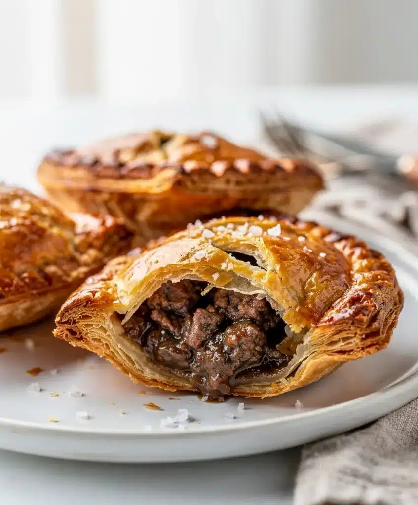 Golden brown Guinness beef hand pie with flaky crust and savory gravy filling.
