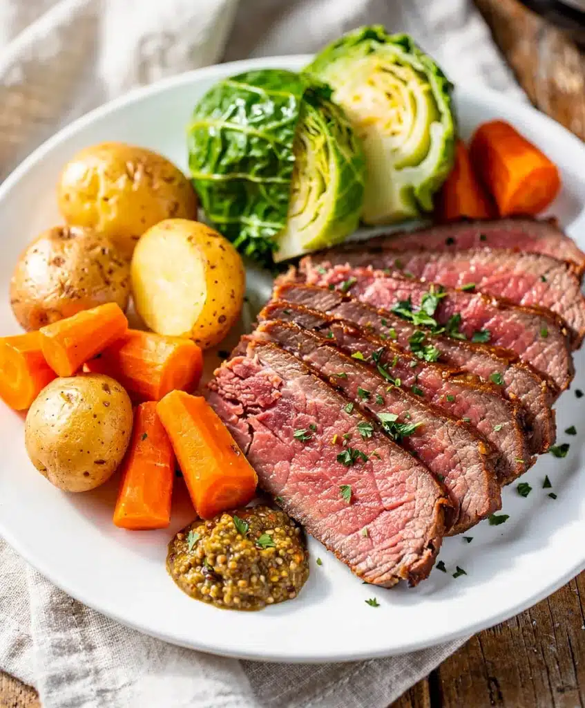 Instant Pot corned beef and cabbage with potatoes carrots and mustard
