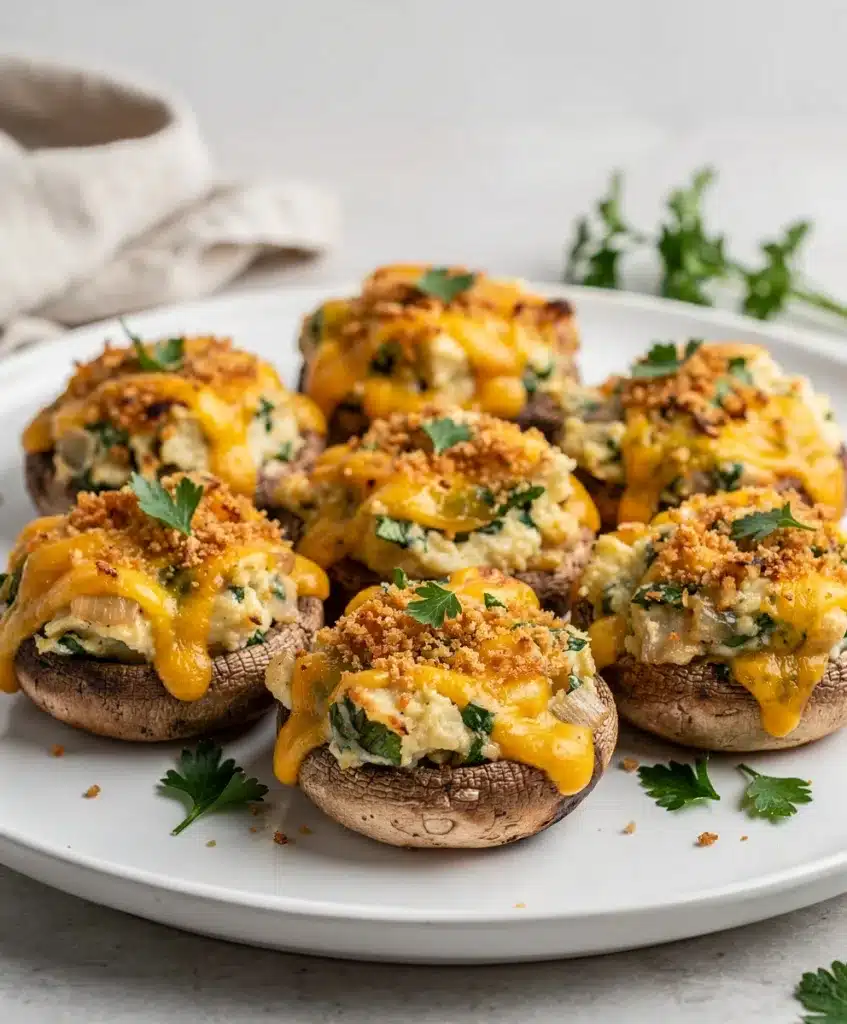 Golden brown Irish Cheddar Stuffed Mushrooms with creamy herb filling and crispy crust.