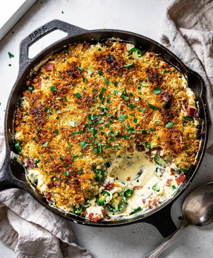 Creamy jalapeno popper dip with golden breadcrumbs and tortilla chips.