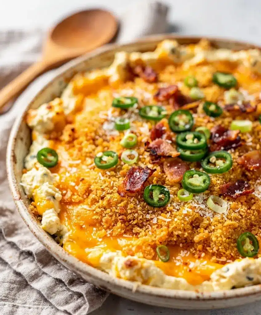 Creamy jalapeno popper dip with golden panko topping in rustic dish.