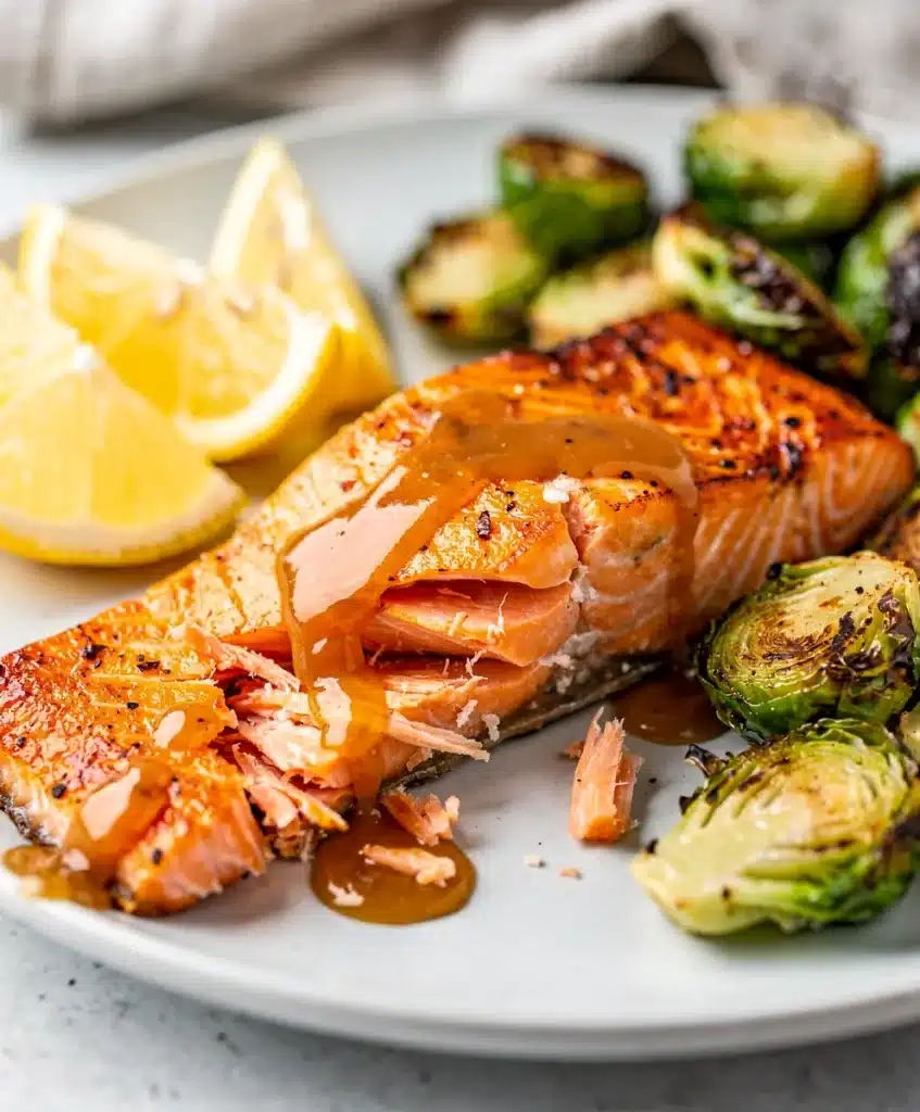 Maple Dijon salmon with crispy skin and glossy glaze on white plate