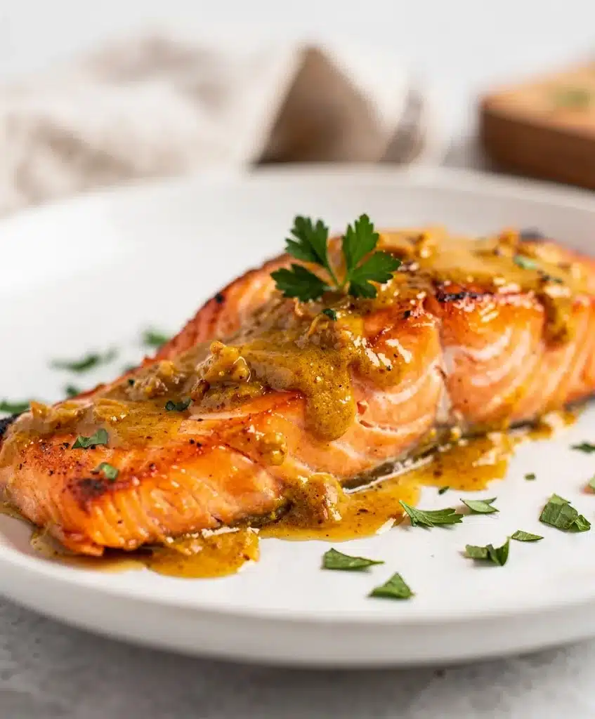 Maple Dijon salmon with sticky glaze and dill on a rustic wooden board.