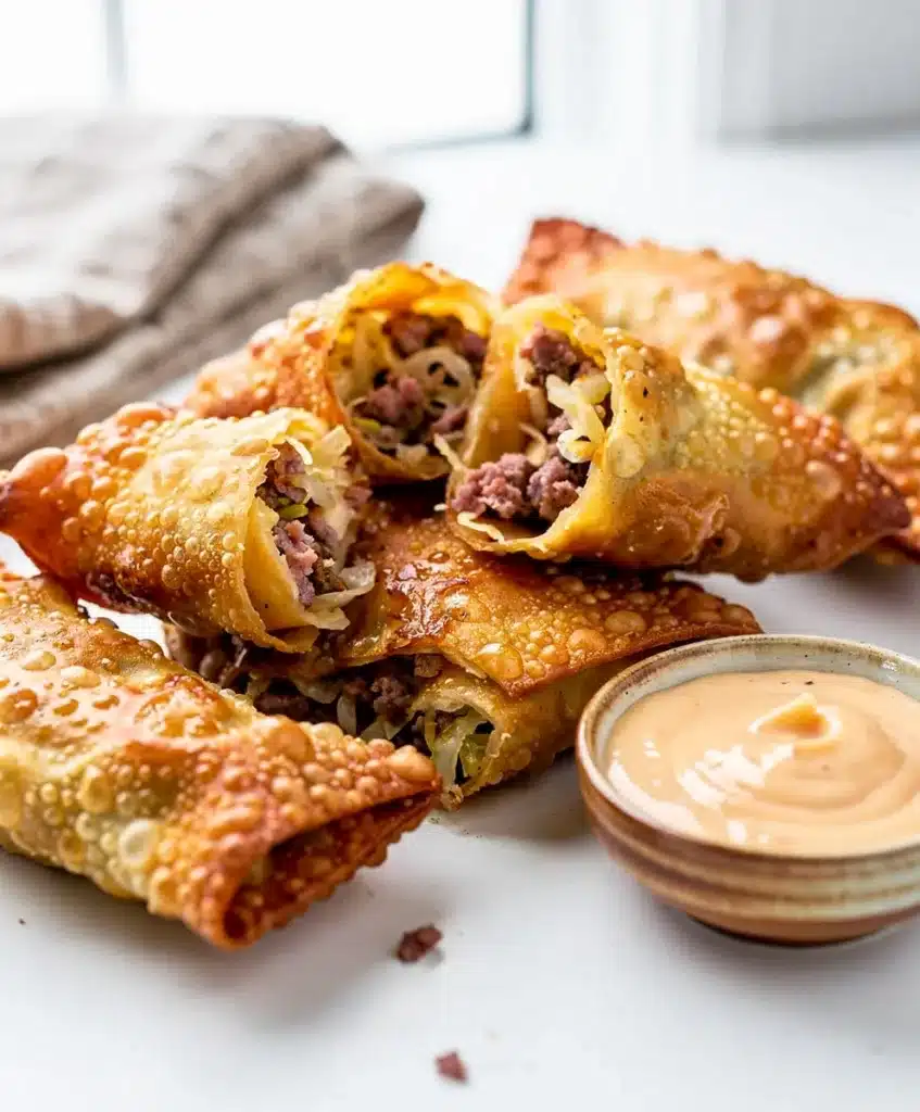Crispy mini Reuben egg rolls with corned beef and sauerkraut for dipping.