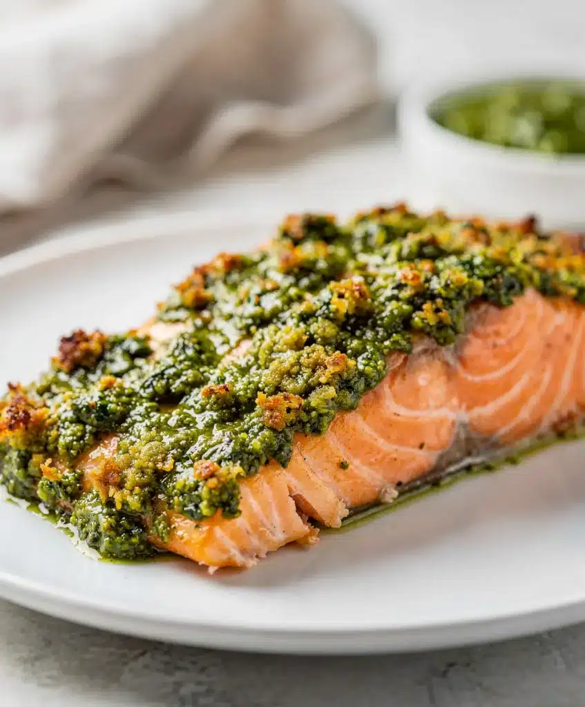 Pesto crusted salmon fillet with golden panko parmesan crust on white plate.