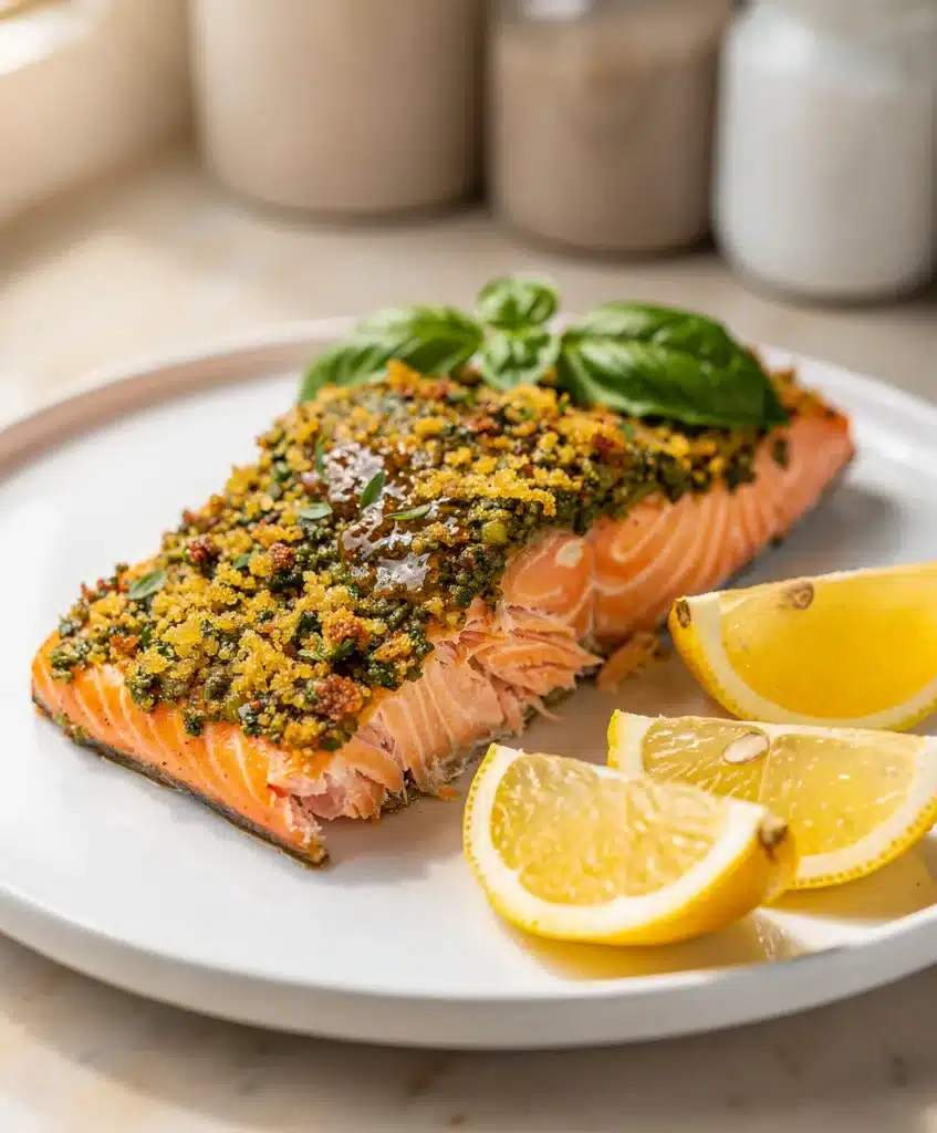 Pesto crusted salmon with crispy golden panko and parmesan topping.