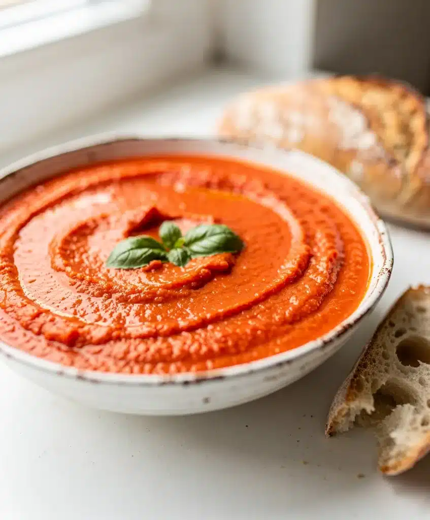 Creamy roasted red pepper soup with coconut milk and fresh basil garnish