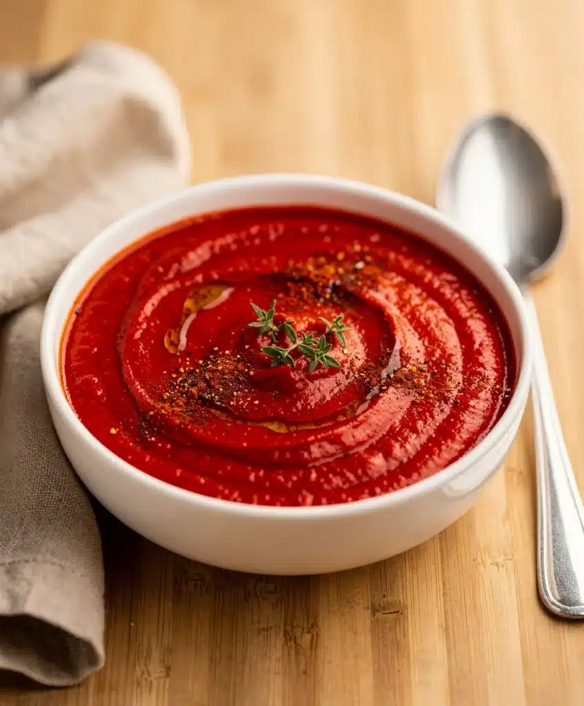 Creamy roasted red pepper soup in a rustic bowl with bread and basil