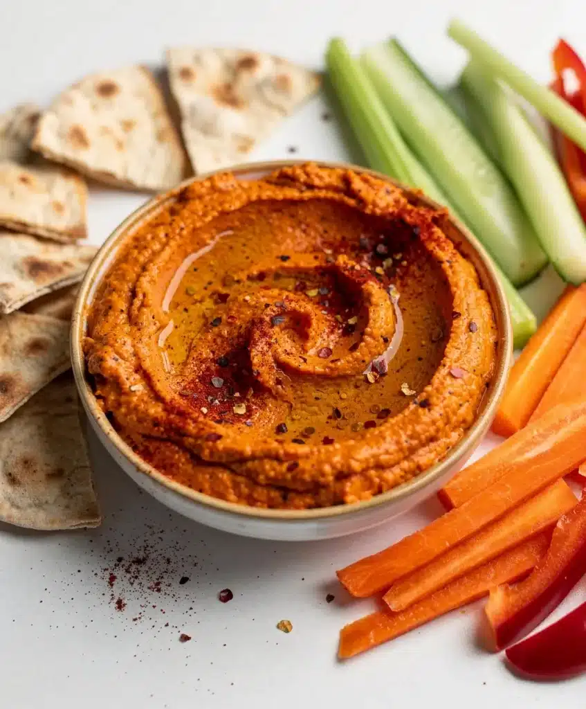 Creamy roasted red pepper walnut dip with rustic wood and linen napkin